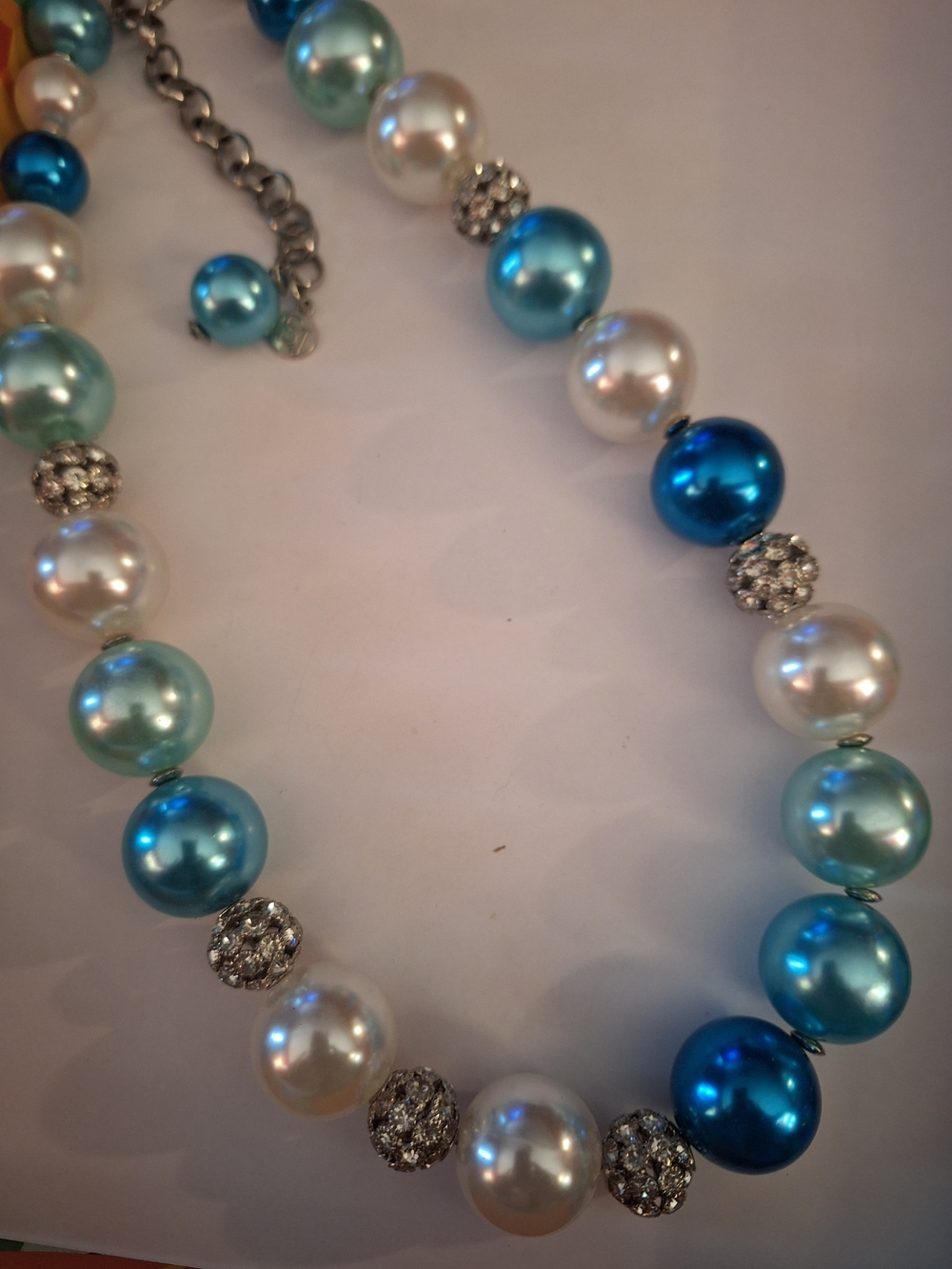 Blue and White Pearl Beaded Necklace with Crystal Accents